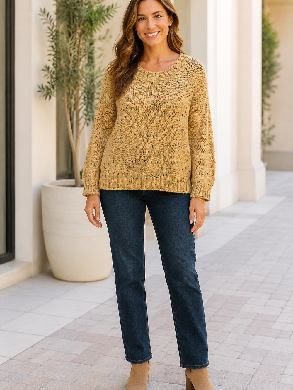 Blu Pepper Open-Stitch Crewneck Sweater in Mustard Fleck